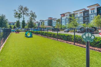 A park with a grass field and a fence with apartments in the background